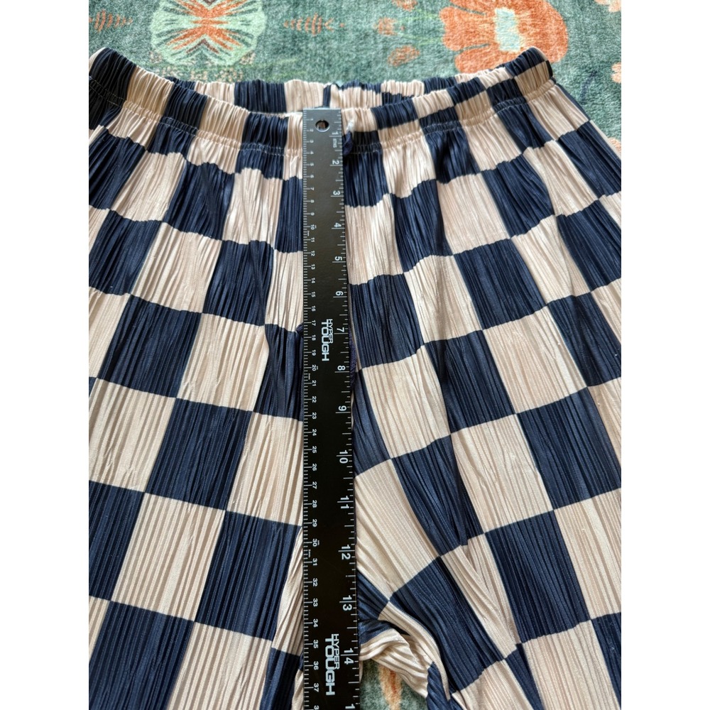 Silence + Noise Checkered Plisse Wide Leg Pants Navy Tan Small Elastic Waist - Picture 5 of 14